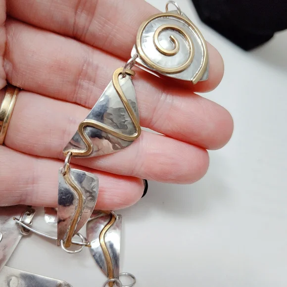 Vintage Sterling Silver Bronze Swirl Hand wrought Modernist Necklace Earring Set - Picture 5 of 15